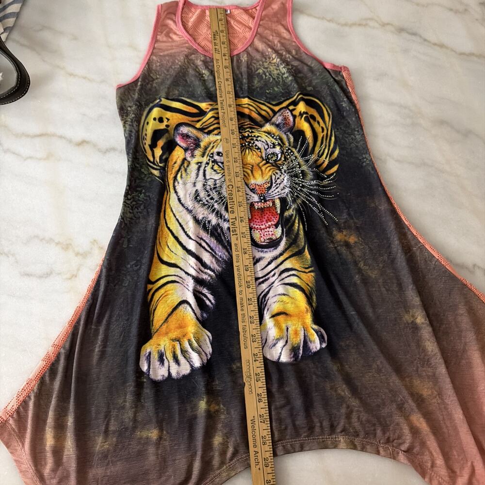 Y2K Tiger Dress Shirt Bling Sleeveless Sz Med Mesh‎ Back Rhinestones Beach Cover - Picture 13 of 14